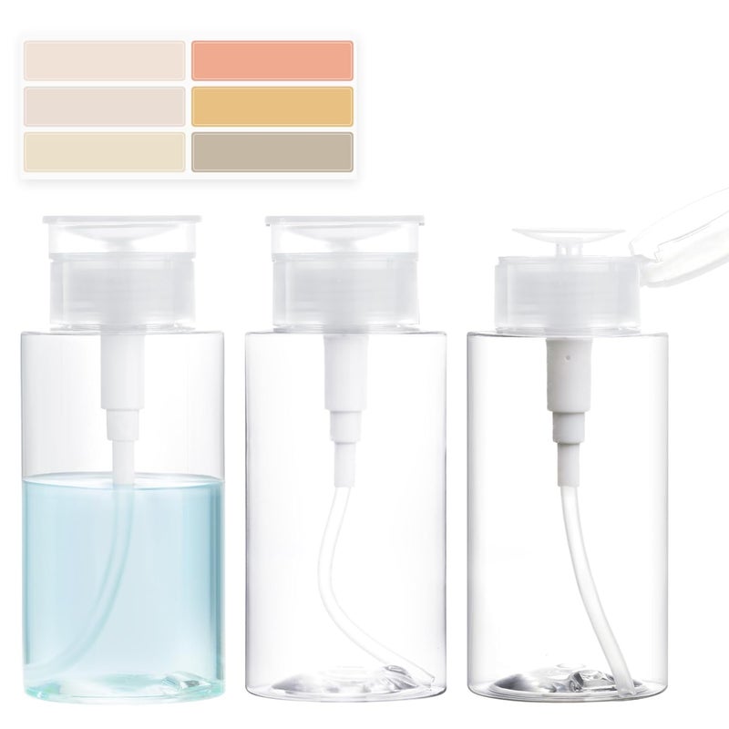 Eomhept 3 Pack Push Down Pump Dispenser, Empty Pump Bottle Dispenser with DlY Lables for Nail Polish, Makeup Remover, Alcohol, Facial Toner 6.7oz/200ML - Image 1